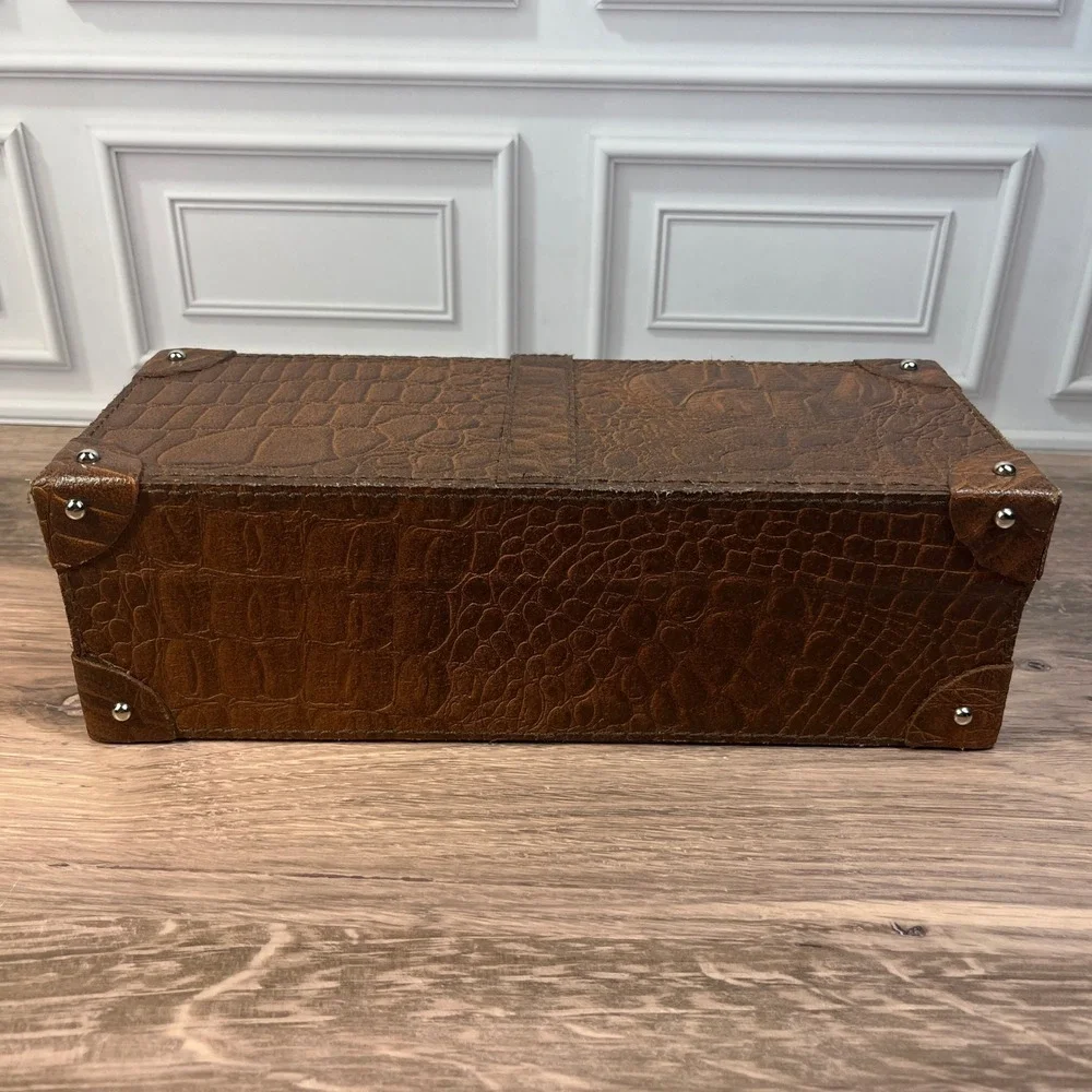 Watch Box Brown Faux Croc Embossed 4-Slot Travel Accessory Case Organizer
